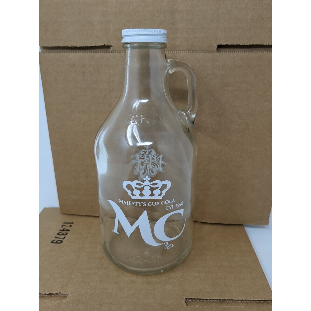 Majesty's Cup Cola Bottle MC PRF Est. 1558 Soda 32 oz. Clear Glass w/ Handle VTG